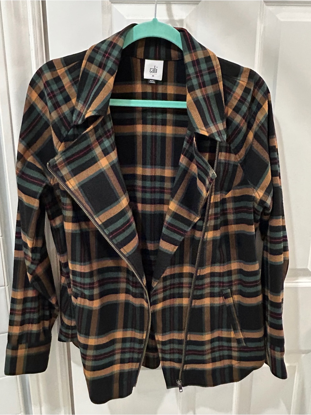 CAbi Moto Plaid Zip-Front Jacket in Black, Green, Gold Fall Brass Buttons M - Picture 10 of 13